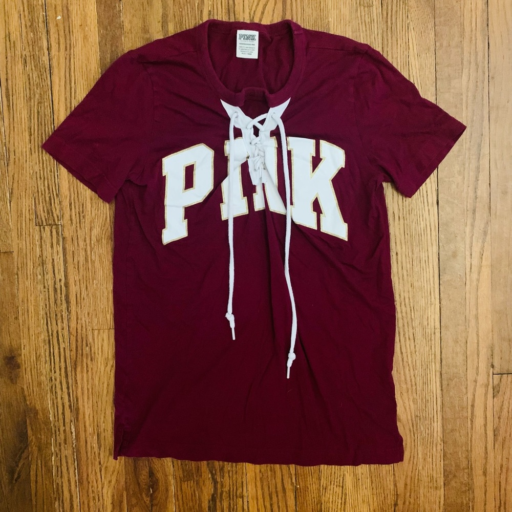 PINK Victoria’s Secret maroon lace up tee